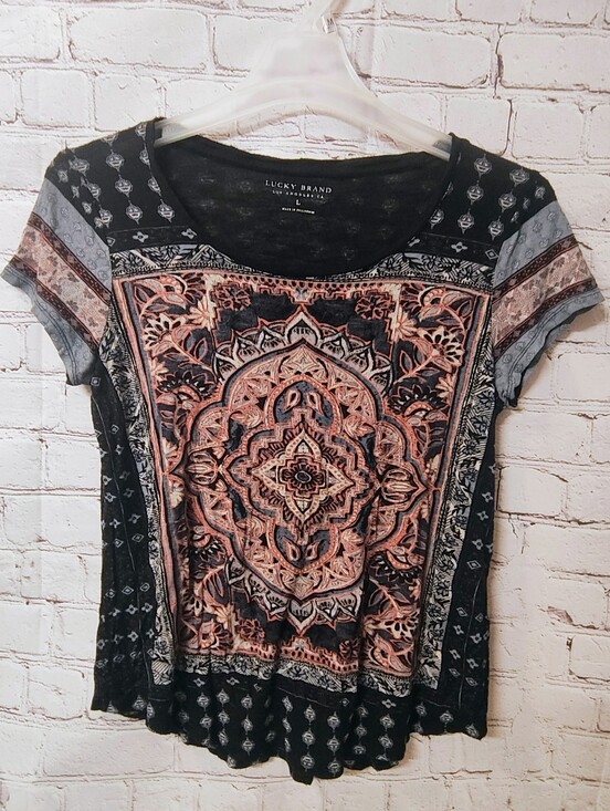Lucky Brand Tops - Lucky Brand Scoop Boho Celestial Blue Pink Top L Jersey Knit Top